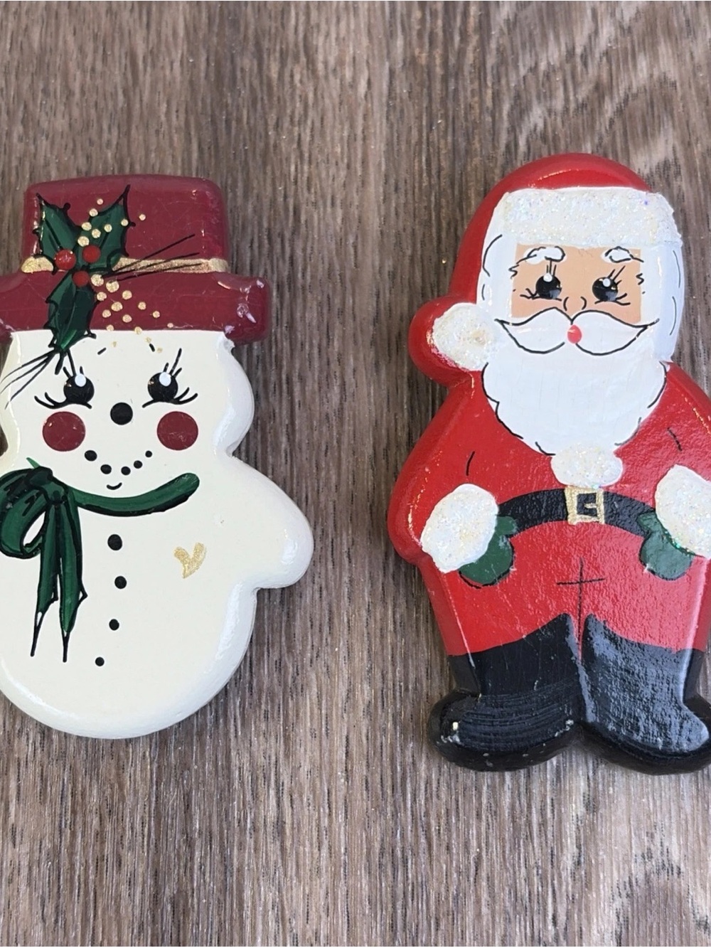 Set of 2 Handmade Painted Santa & Anthropomorphic Snowman Pin Brooch Signed
